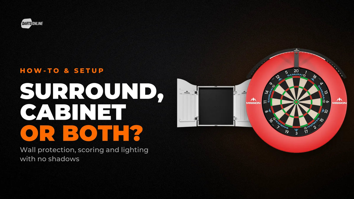 Dartboard surround vs cabinet: a Mission Deluxe cabinet with doors open beside a board in a Mission surround with a Torus light