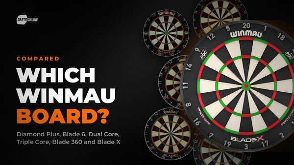 Winmau Blade X dartboard in front of the Diamond Plus, Blade 6, Dual Core, Triple Core and Blade 360