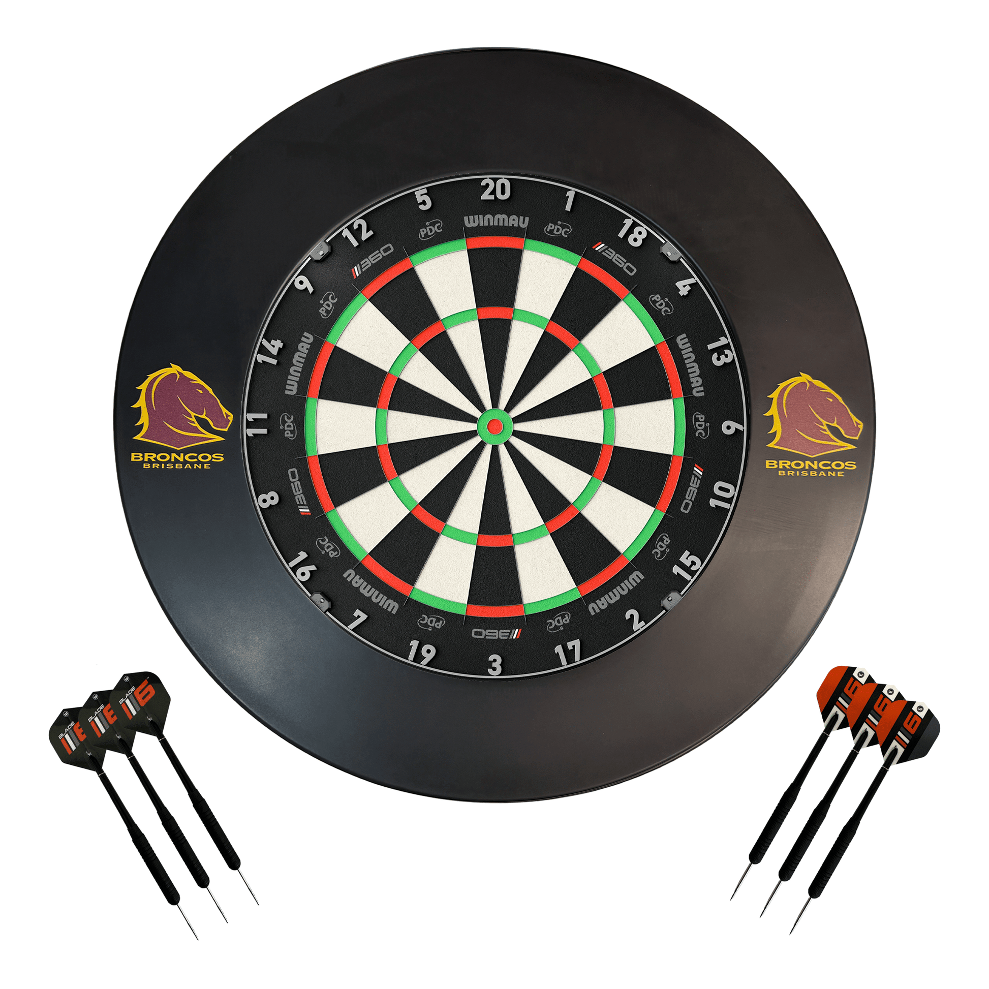 NRL Blade 6 Dartboard, Official NRL Surround & Darts - Complete Darts Set Blade 360 / Brisbane Broncos Boards