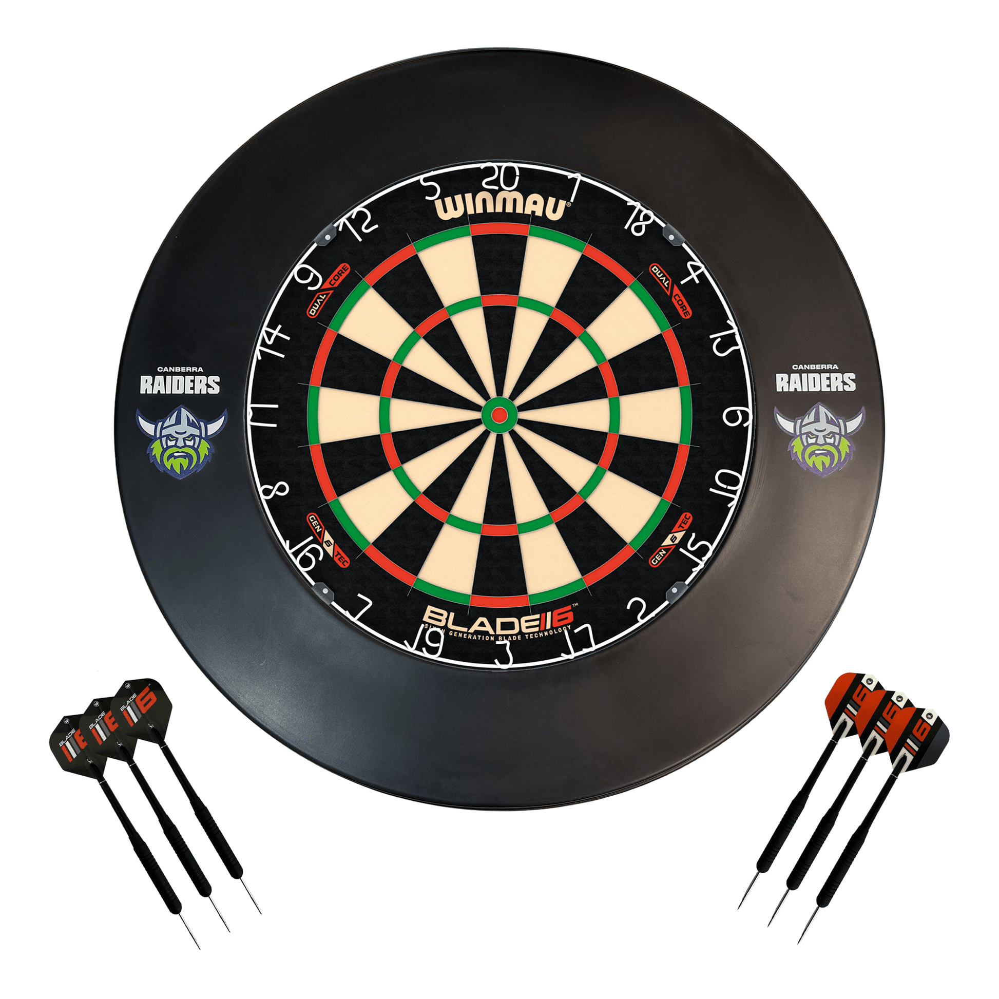 NRL Blade 6 Dartboard, Official NRL Surround & Darts - Complete Darts Set Blade 6 Dual Core / Canberra Raiders Boards