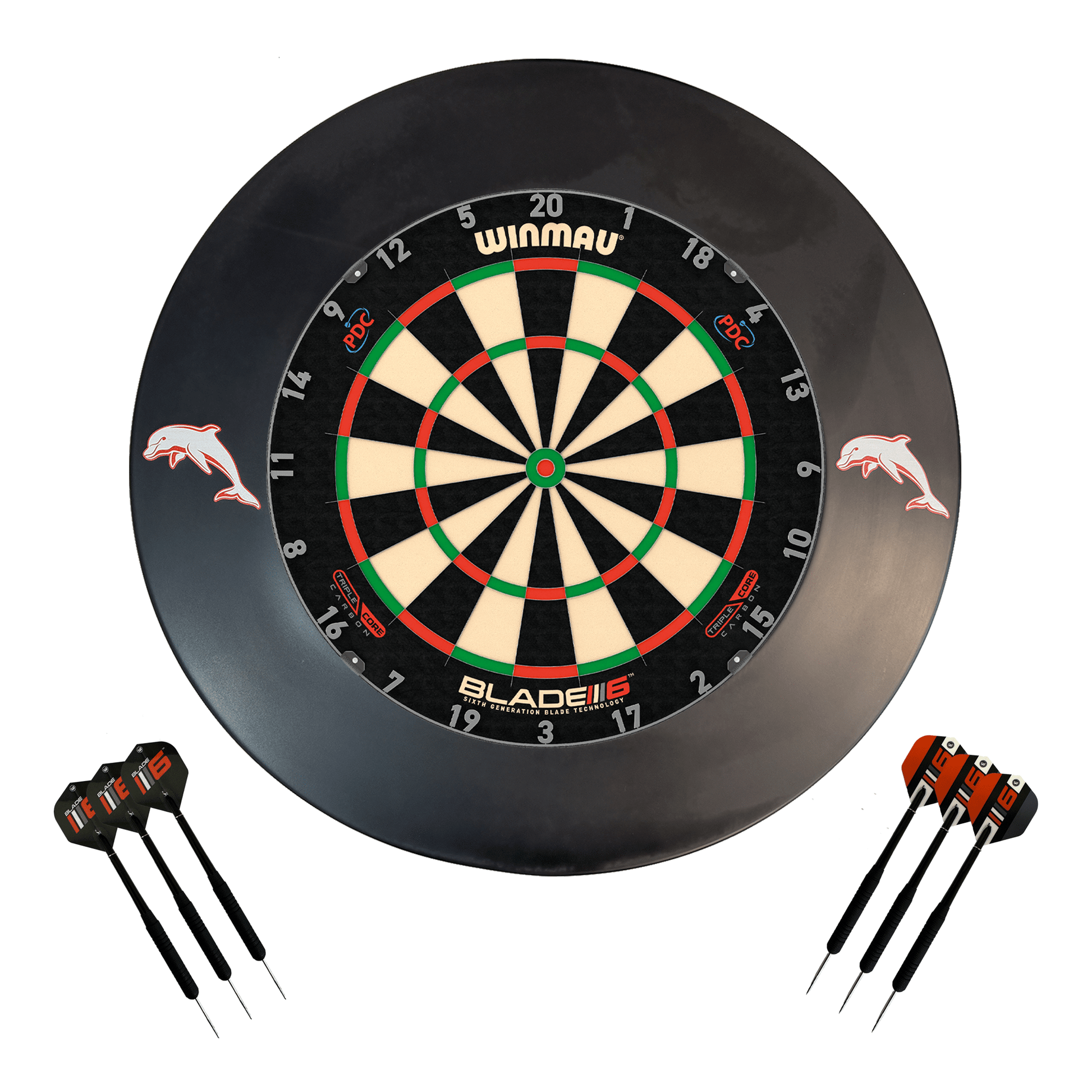 NRL Blade 6 Dartboard, Official NRL Surround & Darts - Complete Darts Set Blade 6 Triple Core / Dolphins Boards