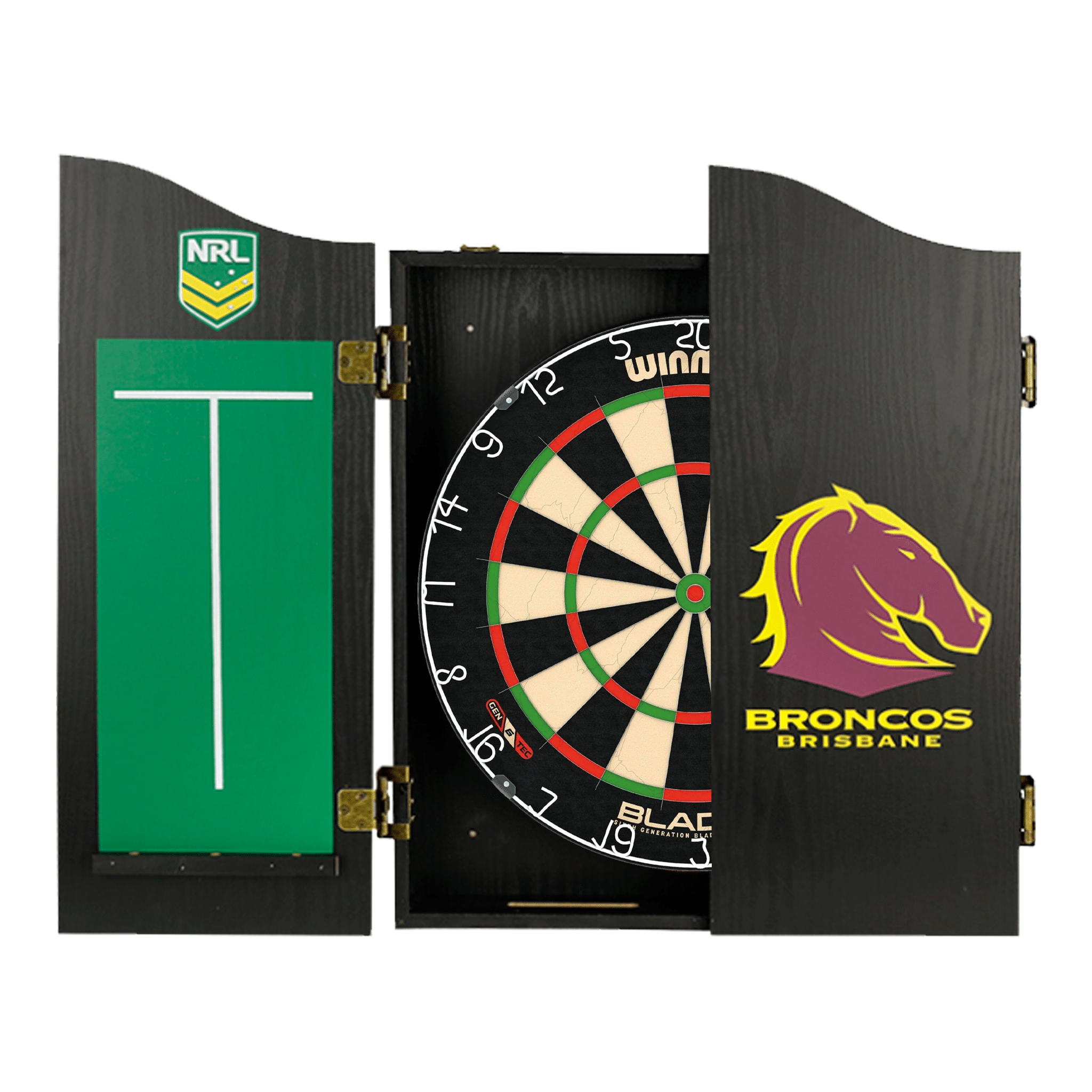 Winmau Blade 6 Dartboard, Official NRL Cabinet & Darts - Complete Darts Set Blade 6 / Brisbane Broncos Boards