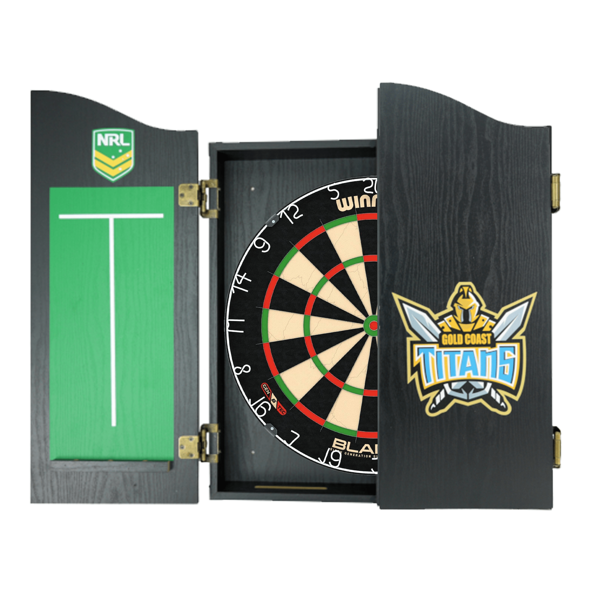Winmau Blade 6 Dartboard, Official NRL Cabinet & Darts - Complete Darts Set Blade 6 / Gold Coast Titans Boards