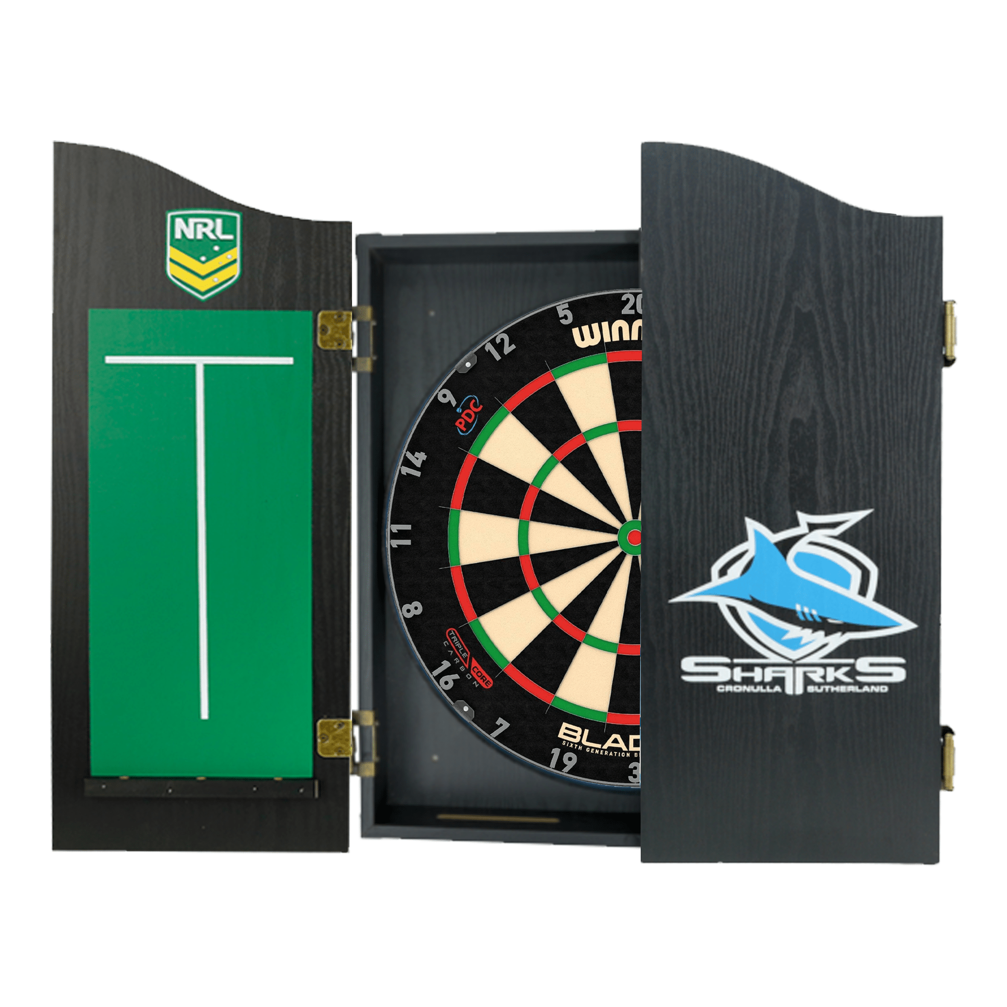 Winmau Blade 6 Dartboard, Official NRL Cabinet & Darts - Complete Darts Set Boards