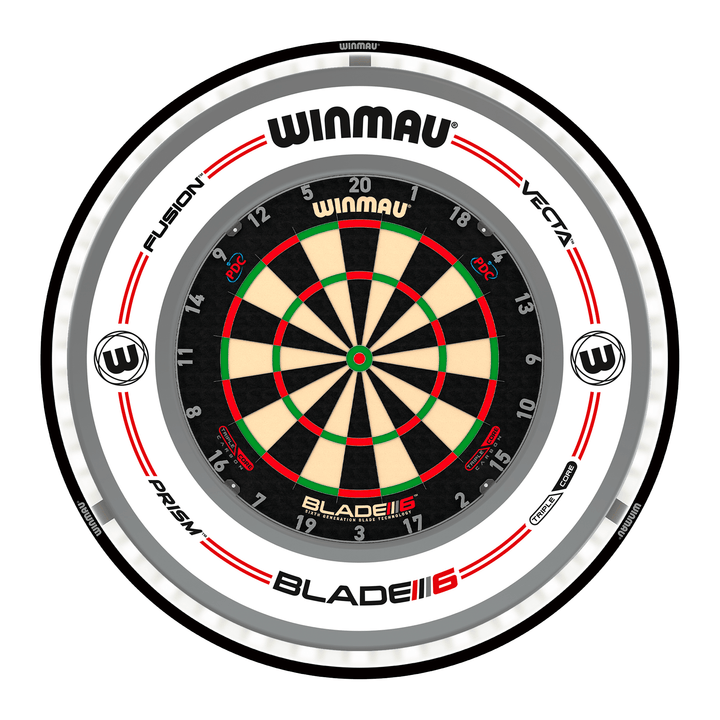 Winmau Blade 6 Dartboard, Surround & Black Plasma Light Bundle Blade 6 Triple Core / Pro-Line White / Winmau Plasma Black Boards