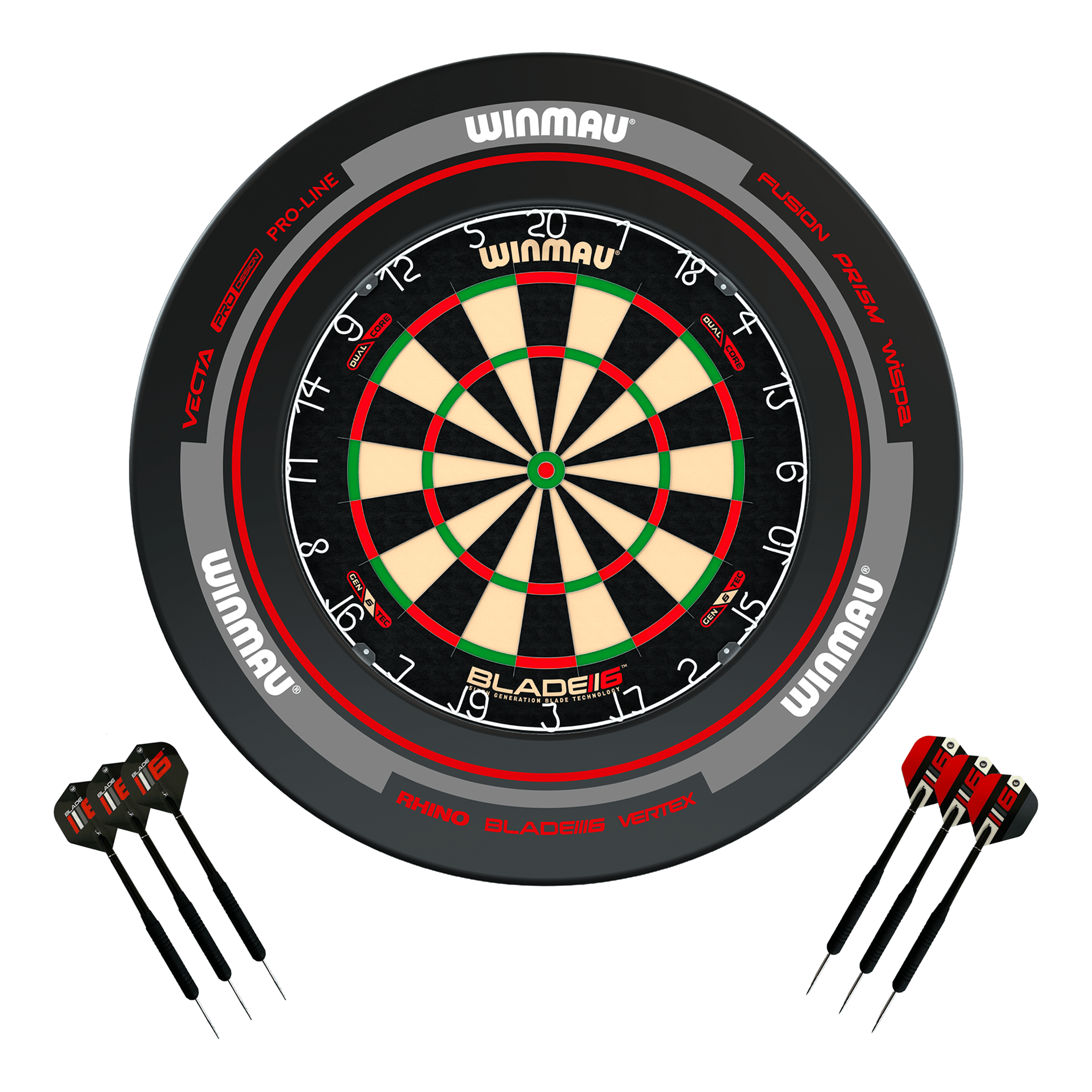 Winmau Blade 6 Dartboard, Surround & Darts - Complete Darts Set Blade 6 Dual Core / Advance Black/Red Boards