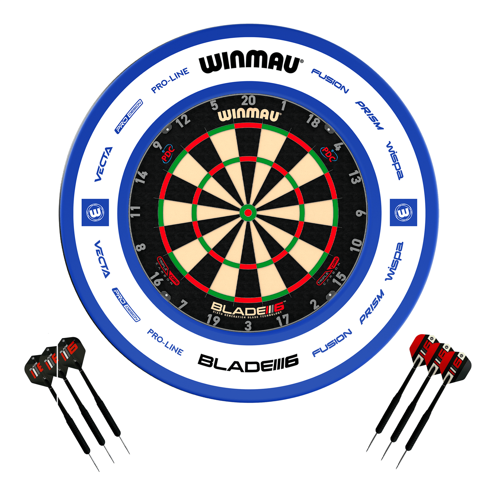 Winmau Blade 6 Dartboard, Surround & Darts - Complete Darts Set Blade 6 Triple Core / Pro 2.0 Blue Boards