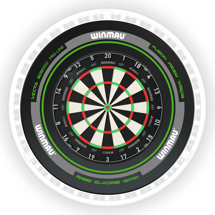 Winmau Blade 6 Dartboard, Surround & Ice White Plasma Light Bundle Blade 360 / Advance Black/Green / Winmau Plasma Ice White Boards