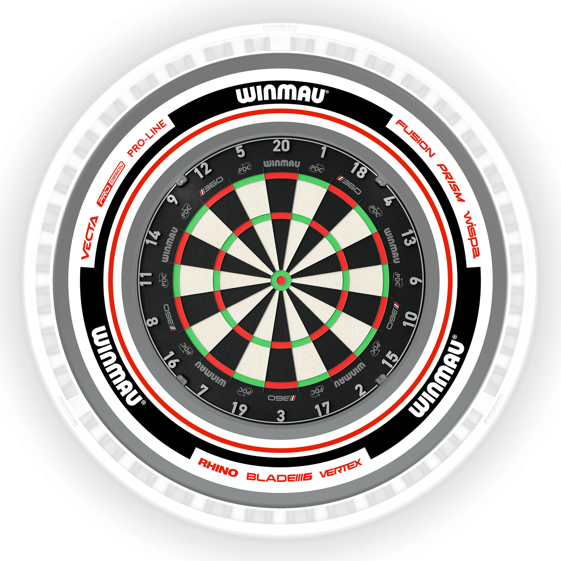 Winmau Blade 6 Dartboard, Surround & Ice White Plasma Light Bundle Blade 360 / Advance White/Red / Winmau Plasma Ice White Boards