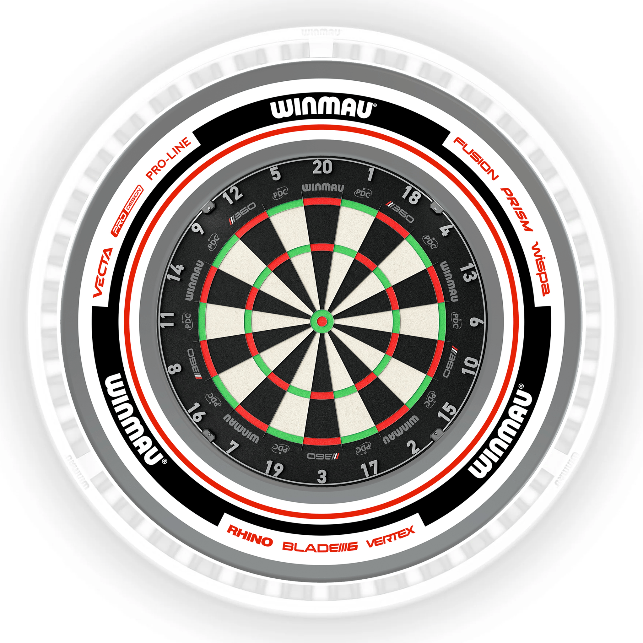 Winmau Blade 6 Dartboard, Surround & Ice White Plasma Light Bundle Blade 360 / Advance White/Red / Winmau Plasma Ice White Boards