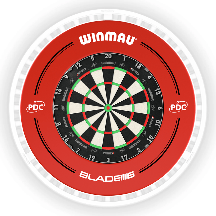 Winmau Blade 6 Dartboard, Surround & Ice White Plasma Light Bundle Blade 360 / PDC Red / Winmau Plasma Ice White Boards