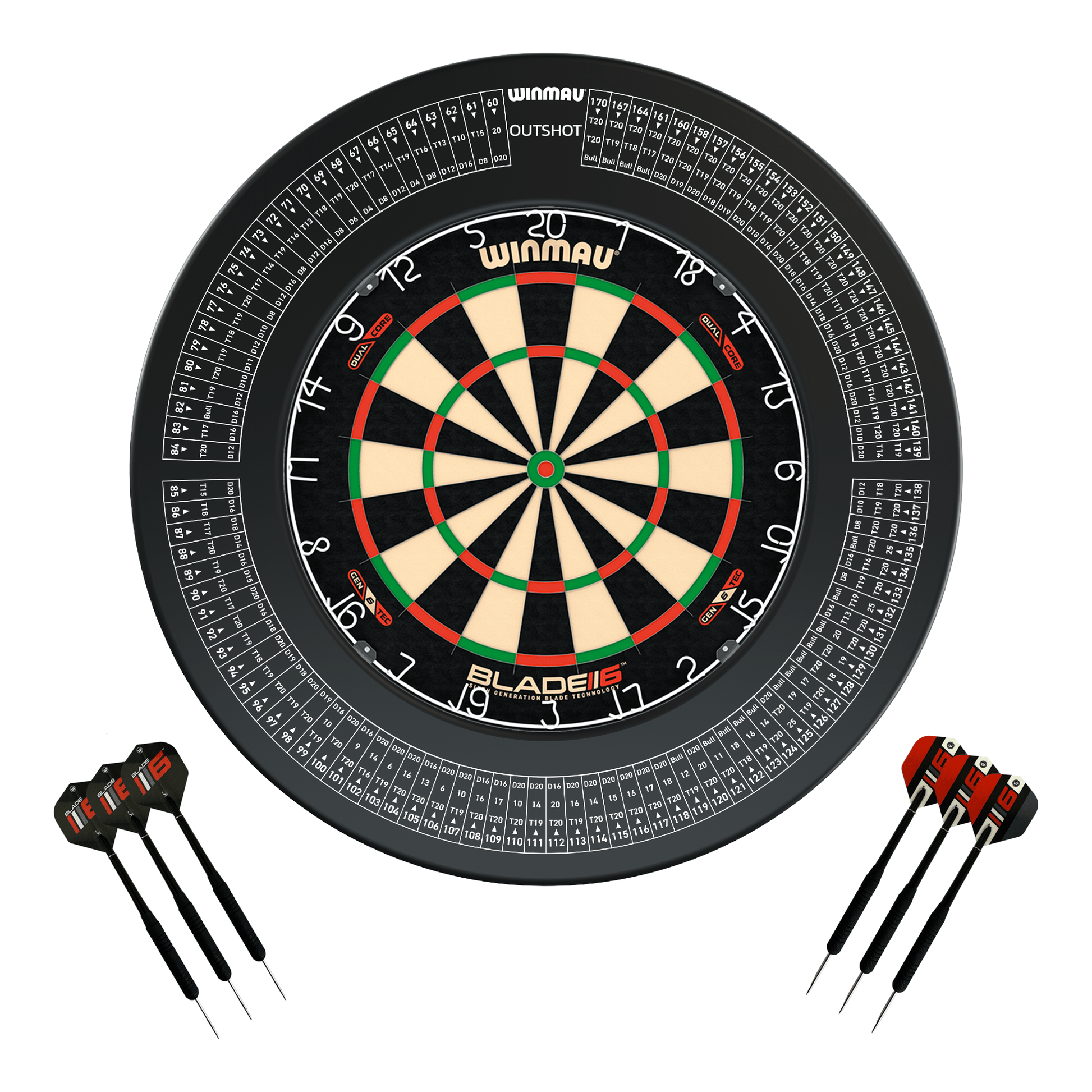 Winmau Blade 6 Dual Core Dartboard, Surround & Darts - Complete Darts Set Blade 6 Dual Core / Out Shot Boards