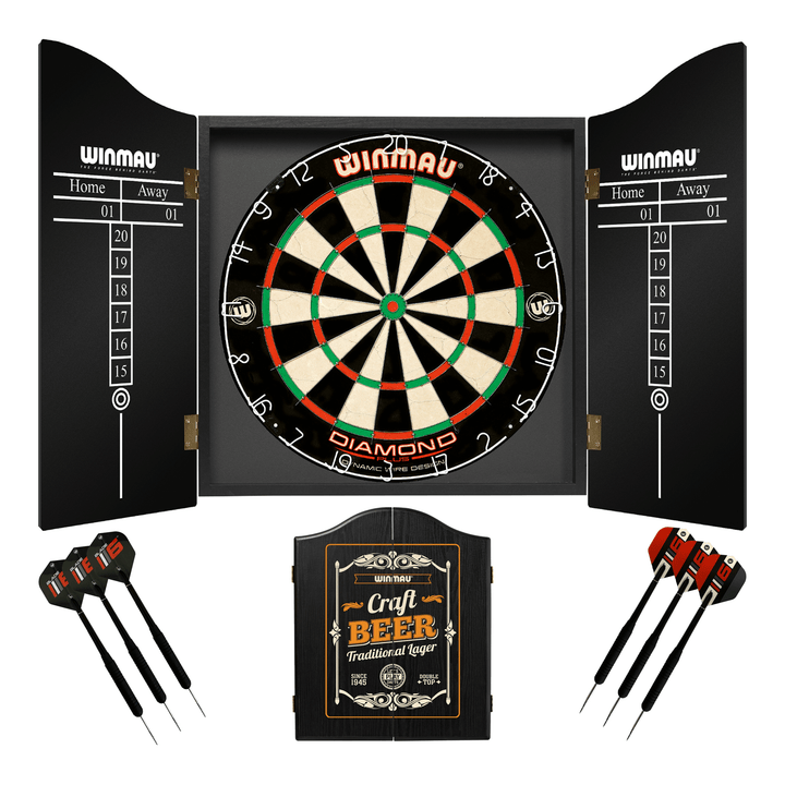 Winmau Diamond Plus Dartboard, Cabinet & Darts - Complete Darts Set Diamond Plus / Craft Beer Boards