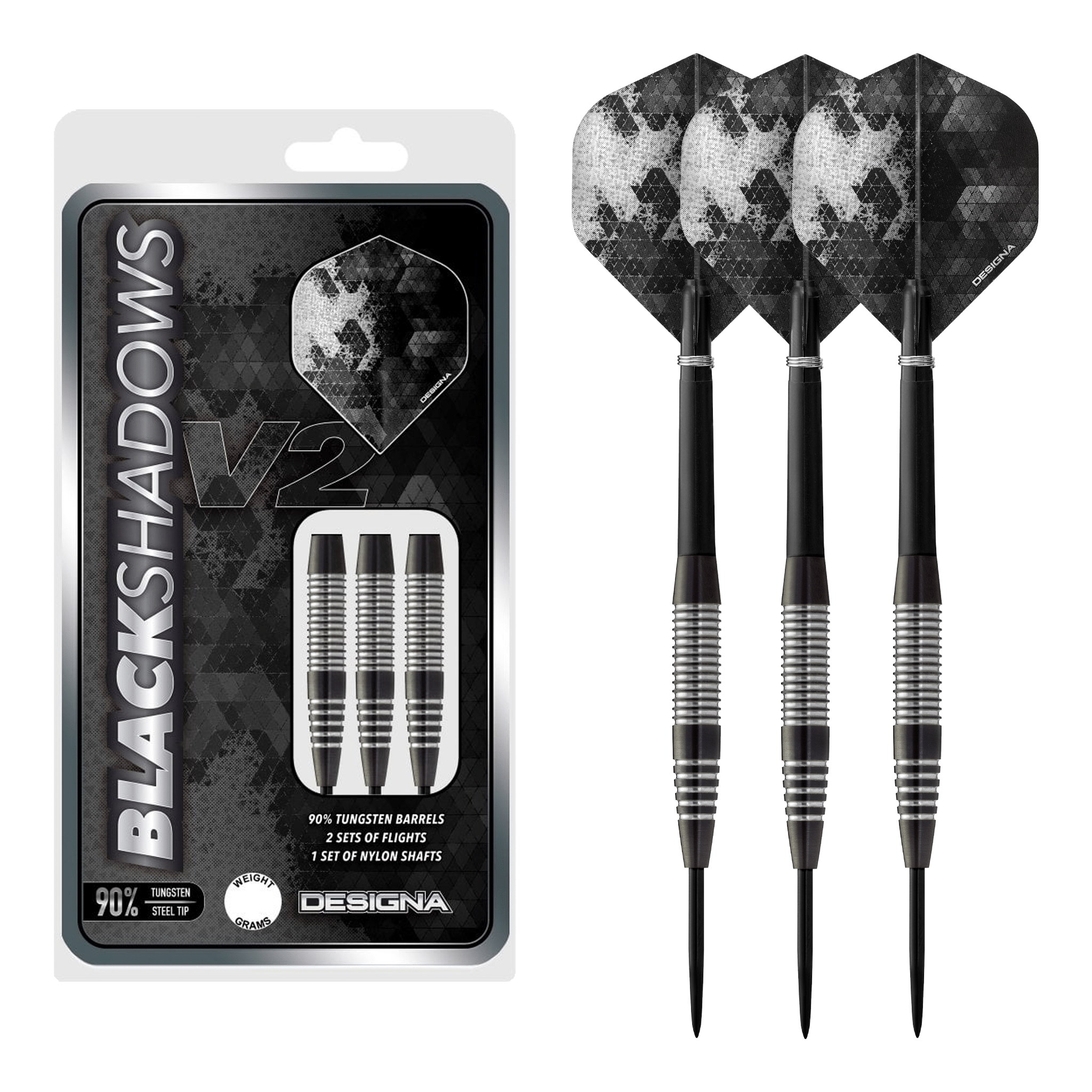 Designa Black Shadow V2 M3 Steel Tip Darts - 90% Tungsten - 23 Grams Darts