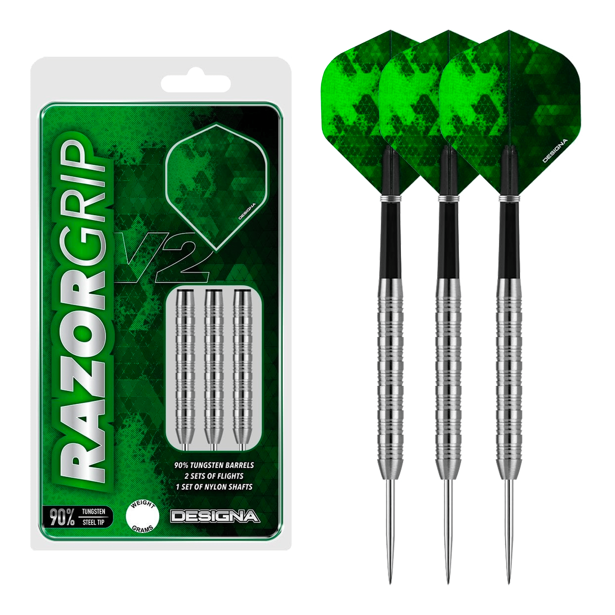 Designa Razor Grip V2 M2 Steel Tip Darts - 90% Tungsten - 22 Grams Darts