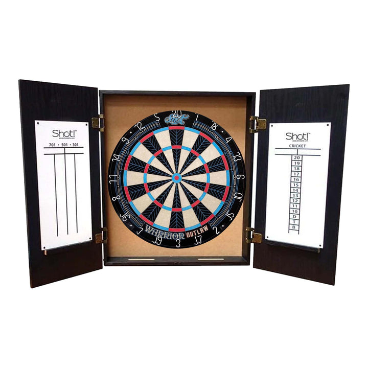 Shot Outlaw Dartboard & Quantum Cabinet Bundle Warrior Outlaw / Black Boards