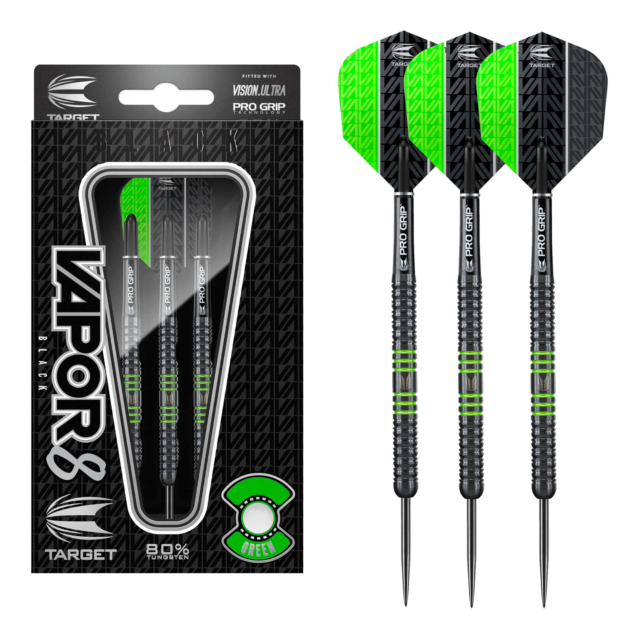 Target Vapor 8 Black & Green - 80% Tungsten Steel Tip Darts 21 Grams Darts