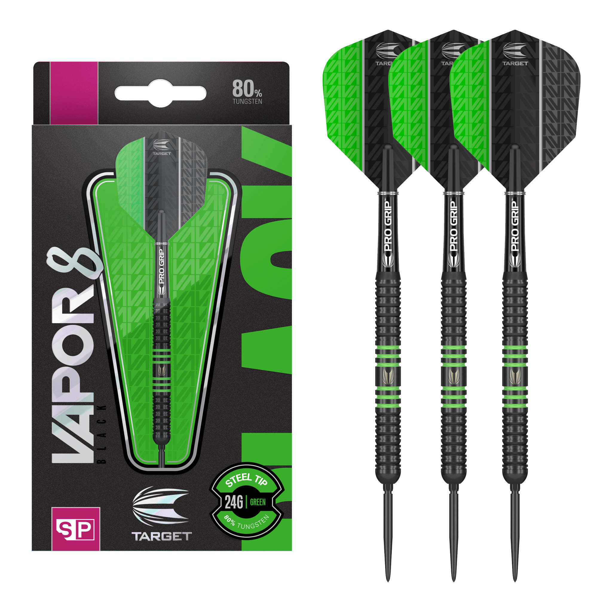 Target Vapor 8 Black/Green Swiss Point Steel Tip Darts - 80% Tungsten - 22 Grams Darts