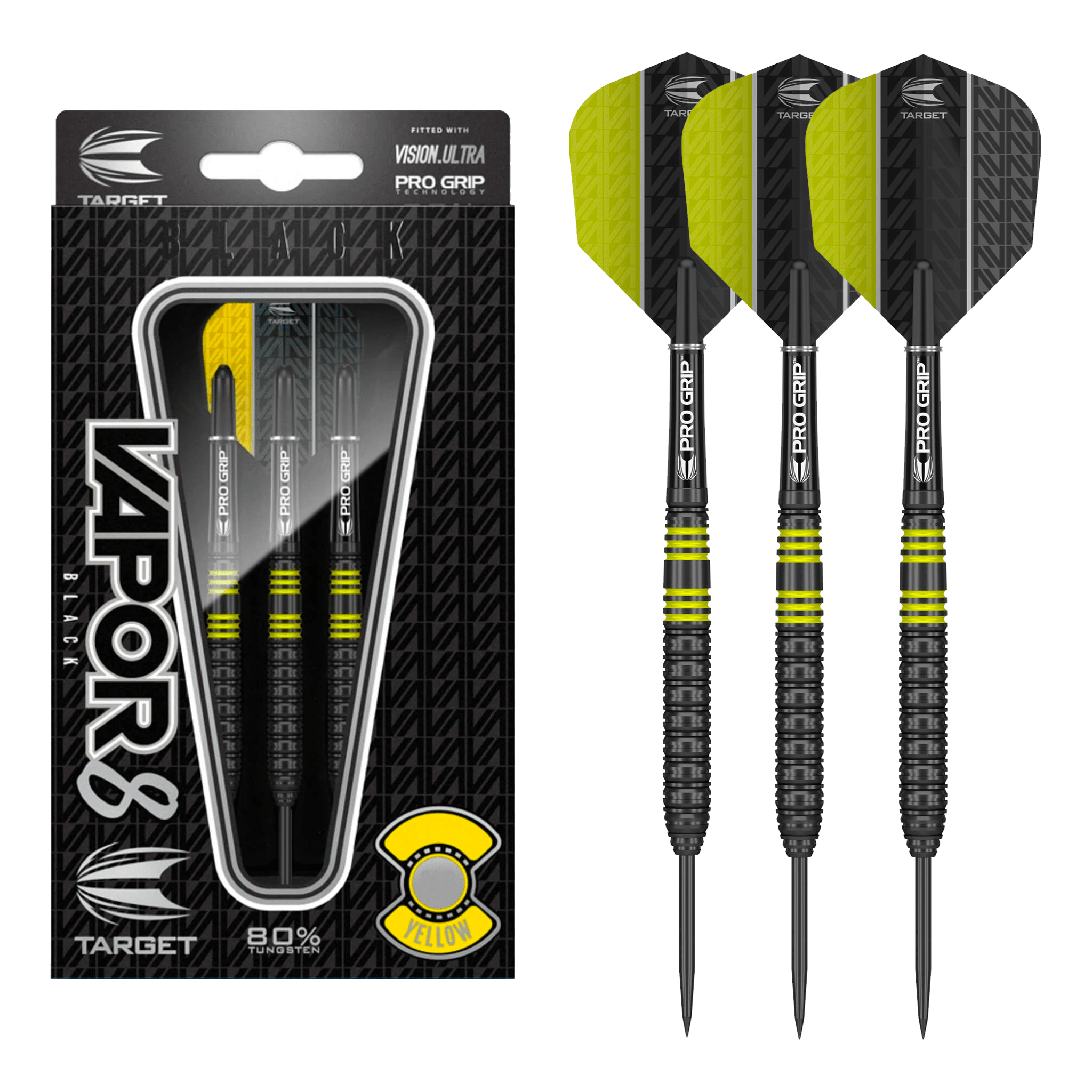 Target Vapor 8 Black & Yellow - 80% Tungsten Steel Tip Darts 22 Grams Darts