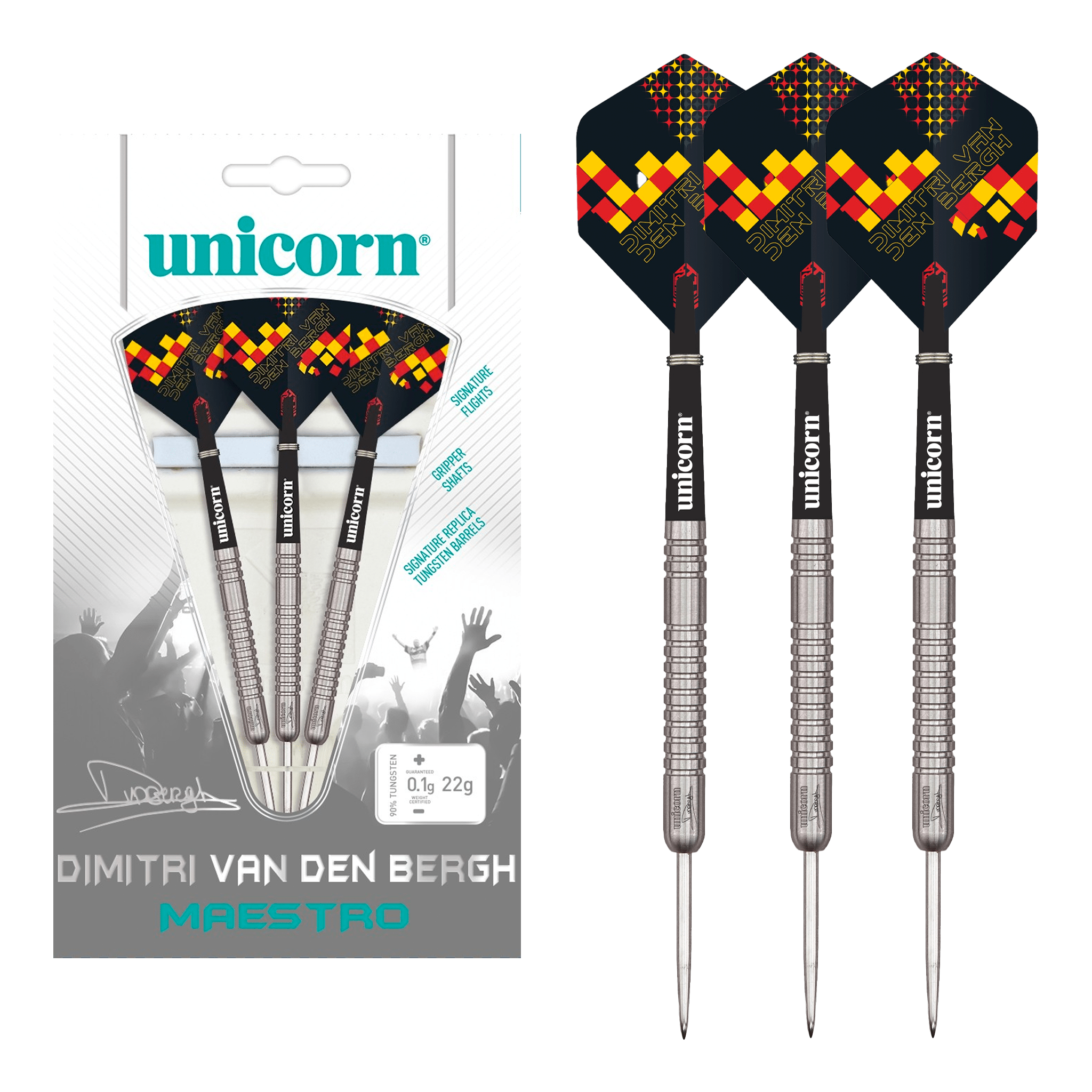 Unicorn Dimitri Van Den Bergh Maestro - 90% Tungsten Steel Tip Darts 22 Grams Darts