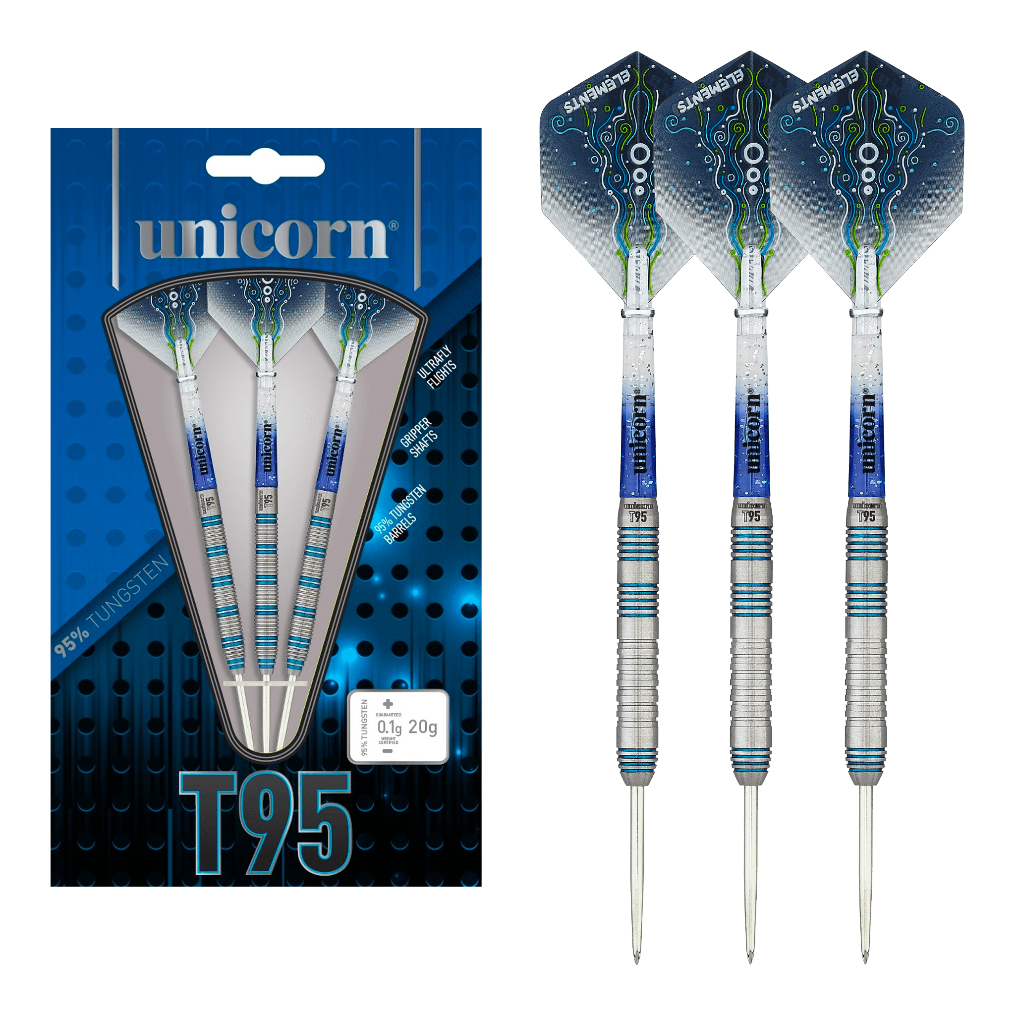 Unicorn T95 Core XL Blue Type 2 Steel Tip Darts - 95% Tungsten - 21 Grams Darts
